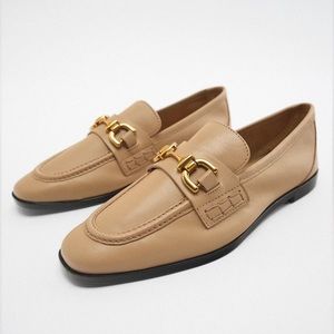 Zara Flat Tan Leather Loafers w Gold Buckle